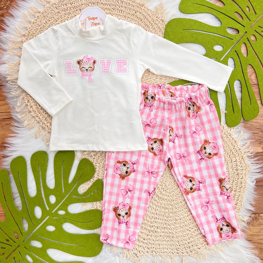 Conj. Blusa Manga Longa Oncinha Love e Calça Xadrez - Off White e Rosa